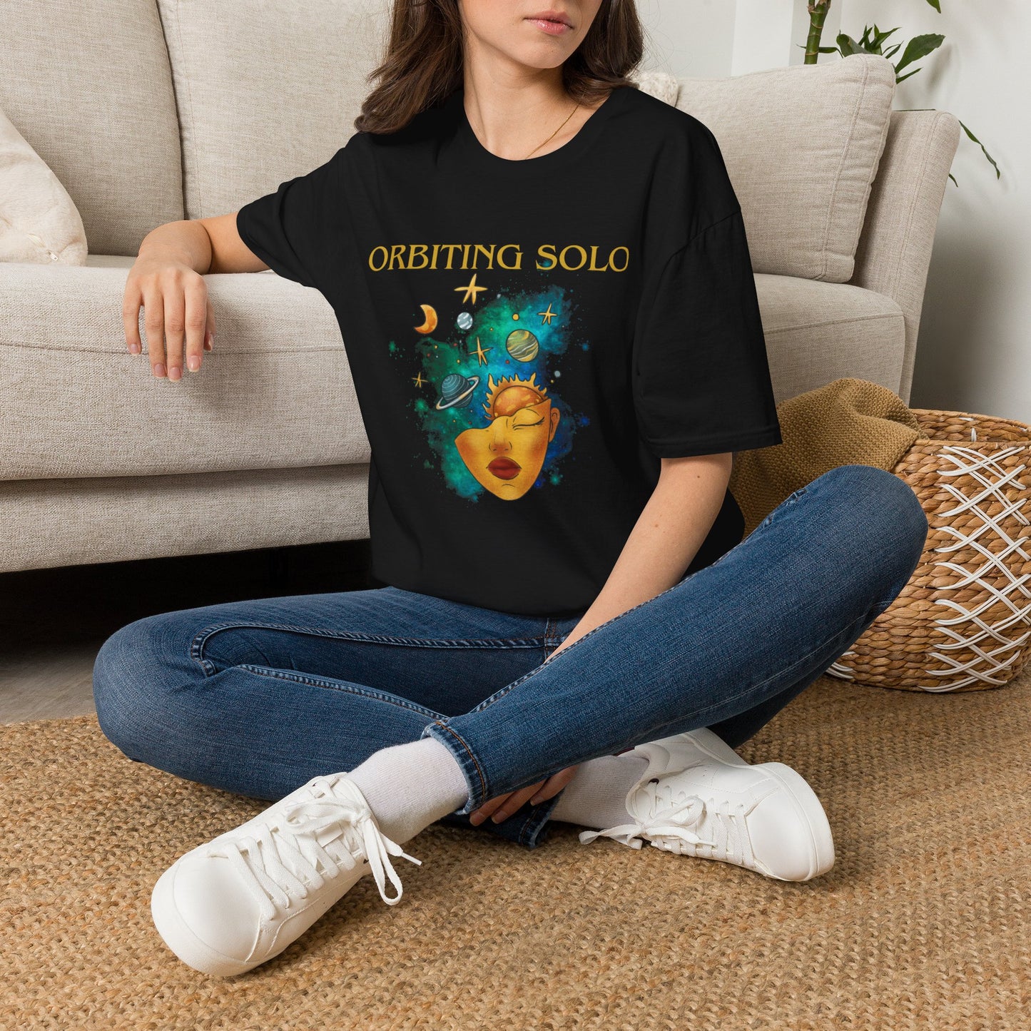 “Orbiting Solo” Cosmic Empowerment T-Shirt | M-Bodi Dezigns | Celestial Independence Tee for Adults