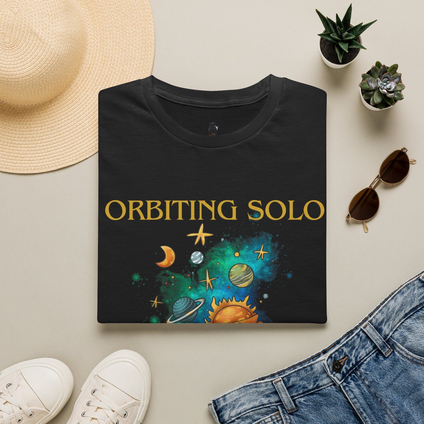 “Orbiting Solo” Cosmic Empowerment T-Shirt | M-Bodi Dezigns | Celestial Independence Tee for Adults