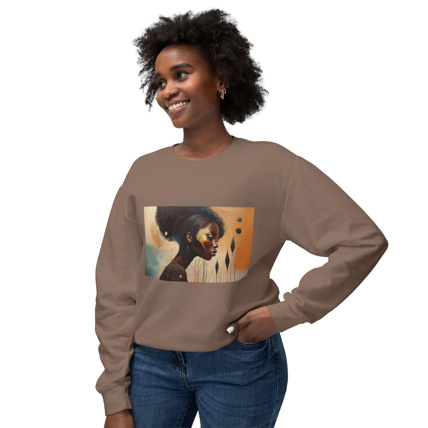 “Golden Reflection” Afrocentric Art Sweatshirt | M-Bodi Dezigns | Empowerment & Beauty in Motion