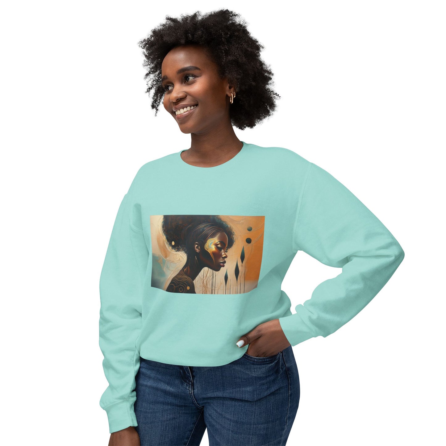 “Golden Reflection” Afrocentric Art Sweatshirt | M-Bodi Dezigns | Empowerment & Beauty in Motion